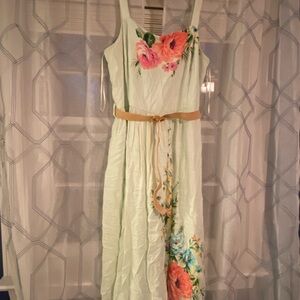 Maison Tara Mint Green Floral Maxi Dress with Woven Belt